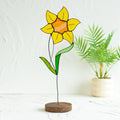 RainLine Daffodil Stained Glass Plant Stake Suncatcher With Wooden Base
