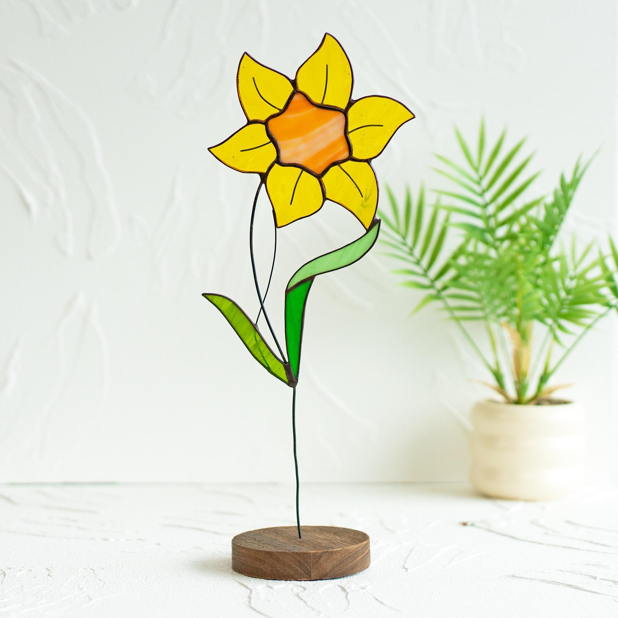 RainLine Daffodil Stained Glass Plant Stake Suncatcher With Wooden Base