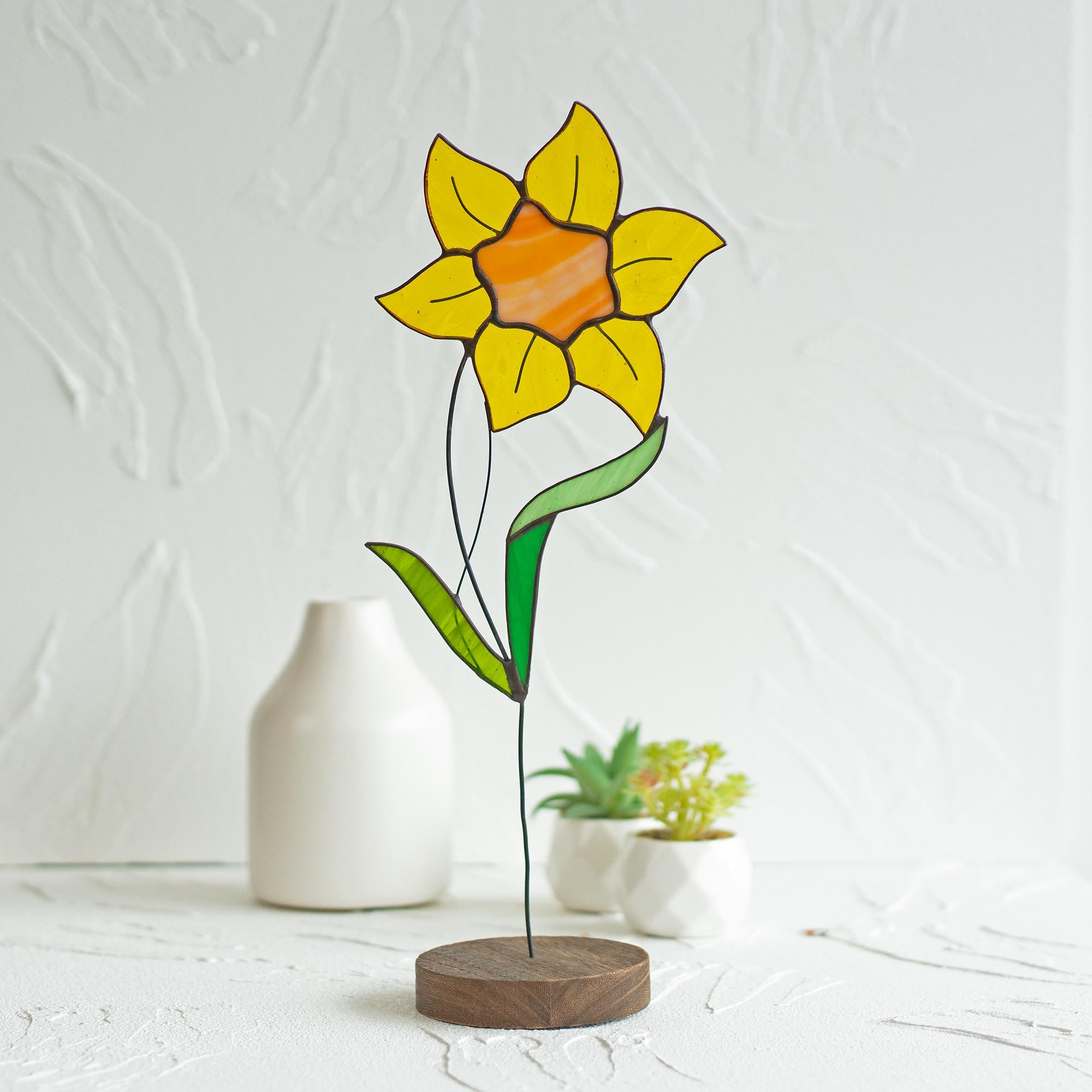 RainLine Daffodil Stained Glass Plant Stake Suncatcher With Wooden Base
