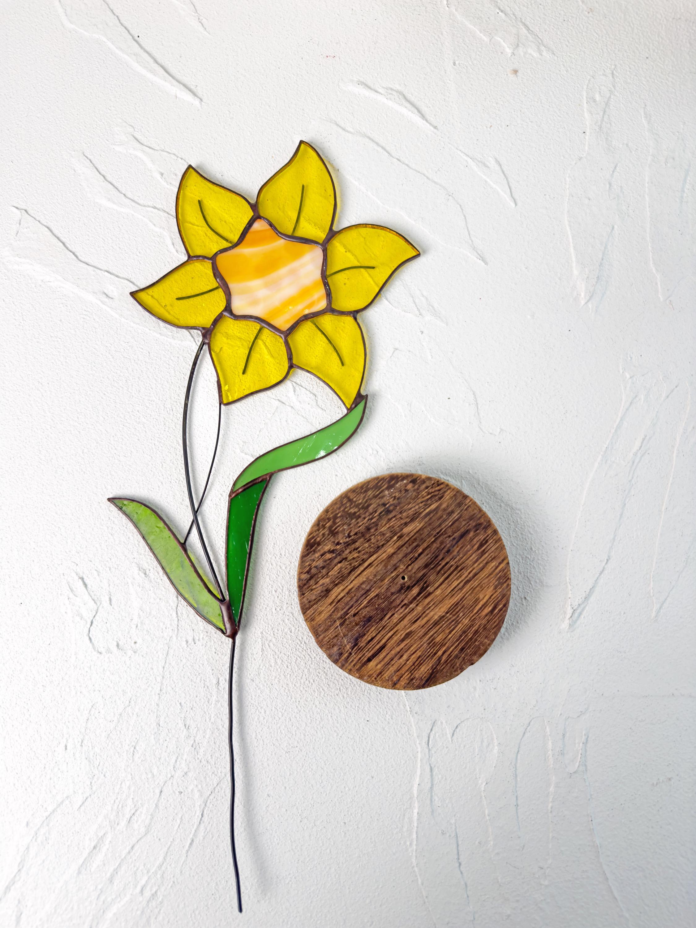 RainLine Daffodil Stained Glass Plant Stake Suncatcher With Wooden Base