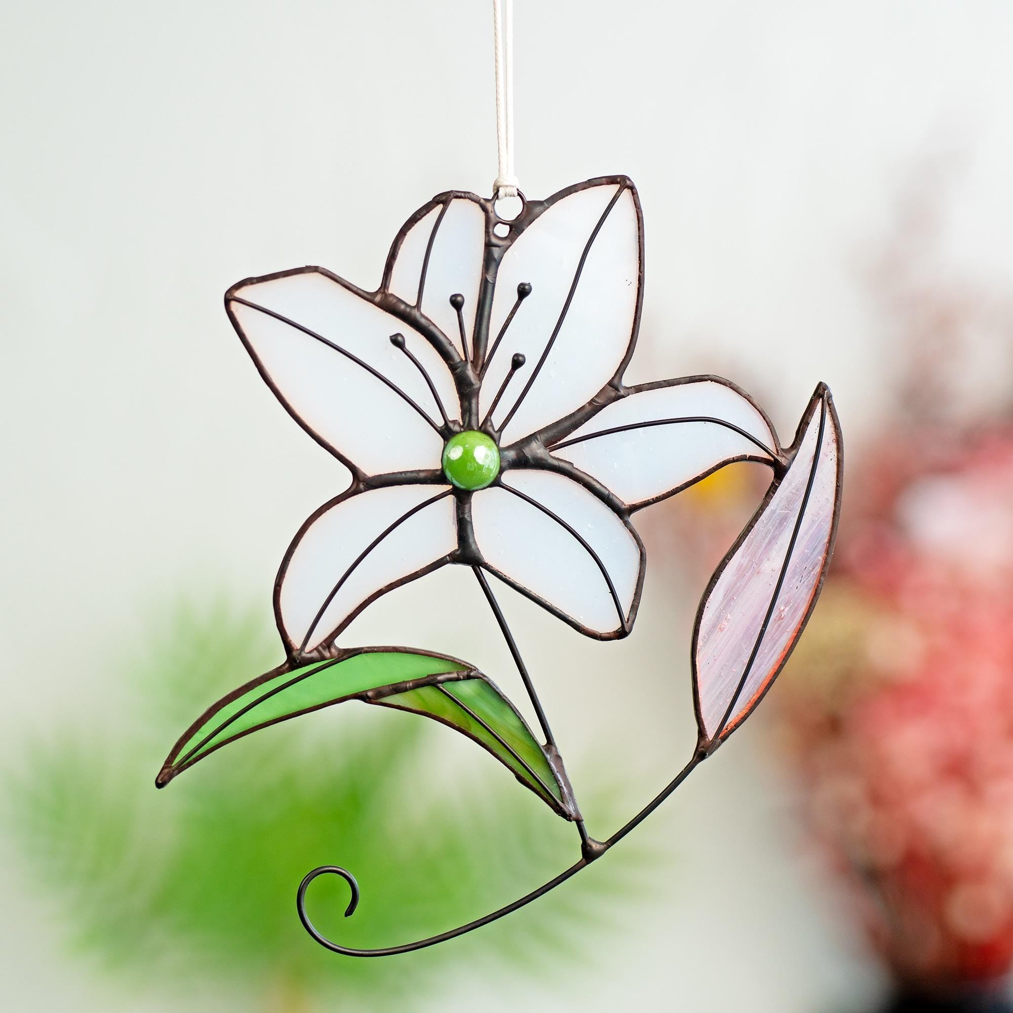 RainLine Handcrafted Stained Glass Lily Suncatcher 5.91in White