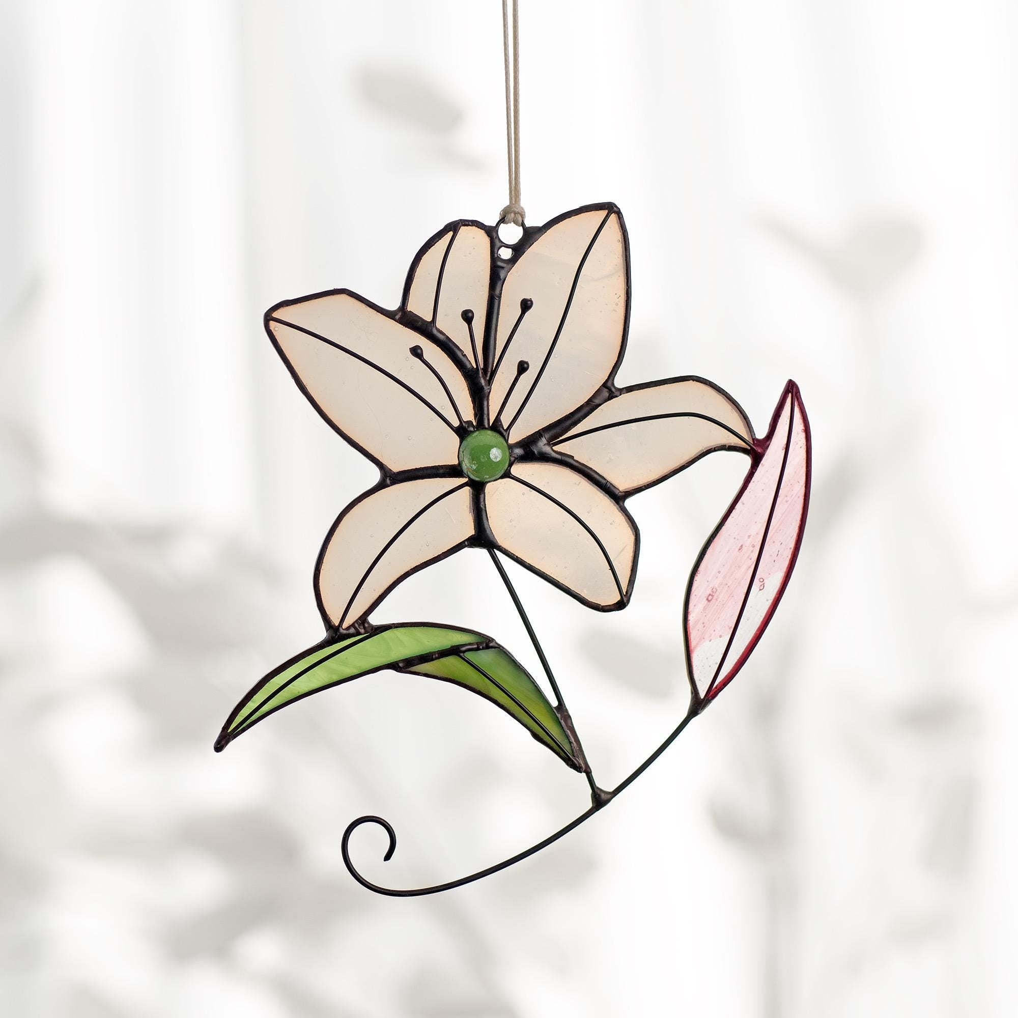 RainLine Handcrafted Stained Glass Lily Suncatcher 5.91in White