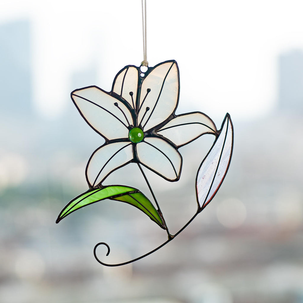 RainLine Handcrafted Stained Glass Lily Suncatcher 5.91in White
