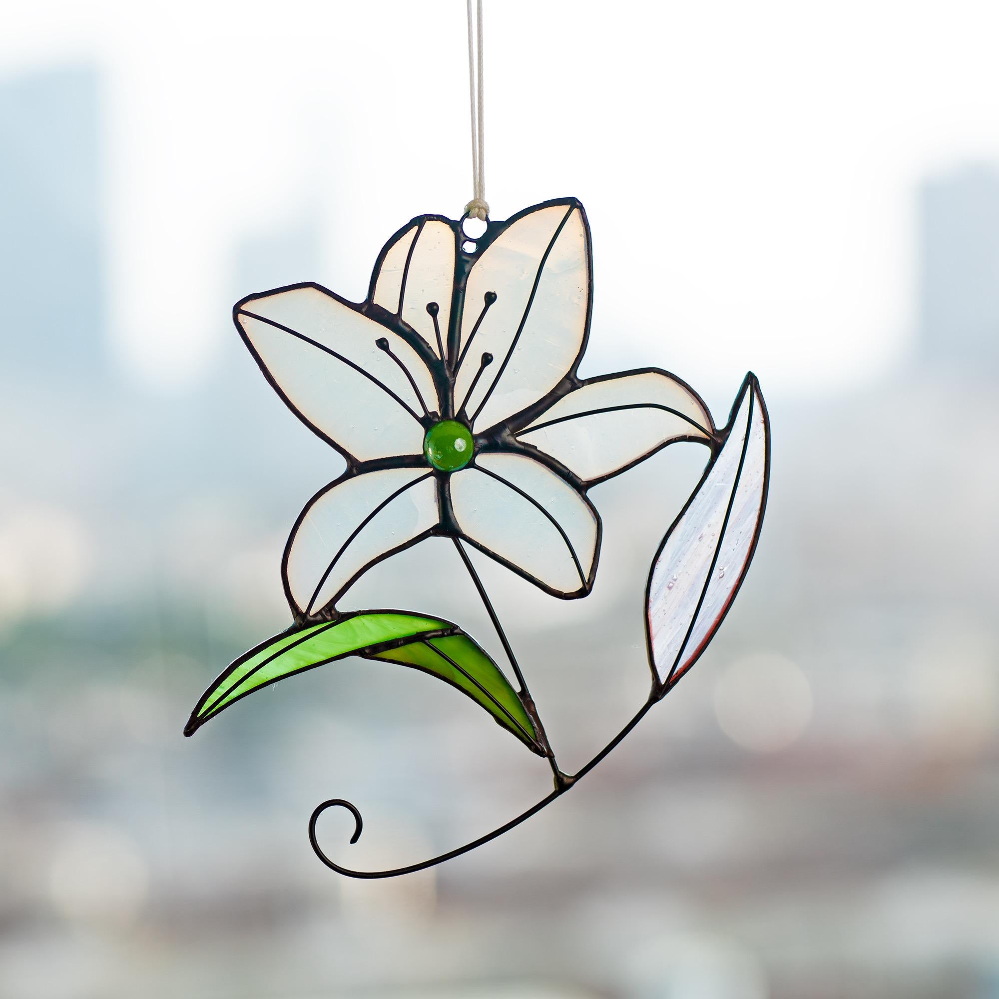 RainLine Handcrafted Stained Glass Lily Suncatcher 5.91in White