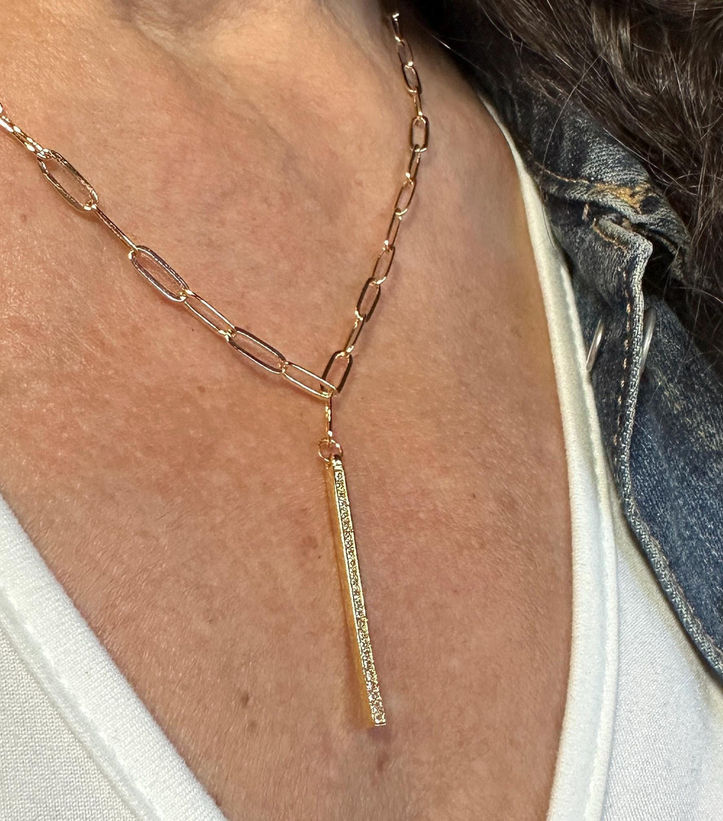 MossberryandStone Vertical CZ Gold Bar Pendant Necklace, Paperclip Chain, Lobster Clasp, 18in