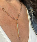 MossberryandStone Vertical CZ Gold Bar Pendant Necklace, Paperclip Chain, Lobster Clasp, 18in