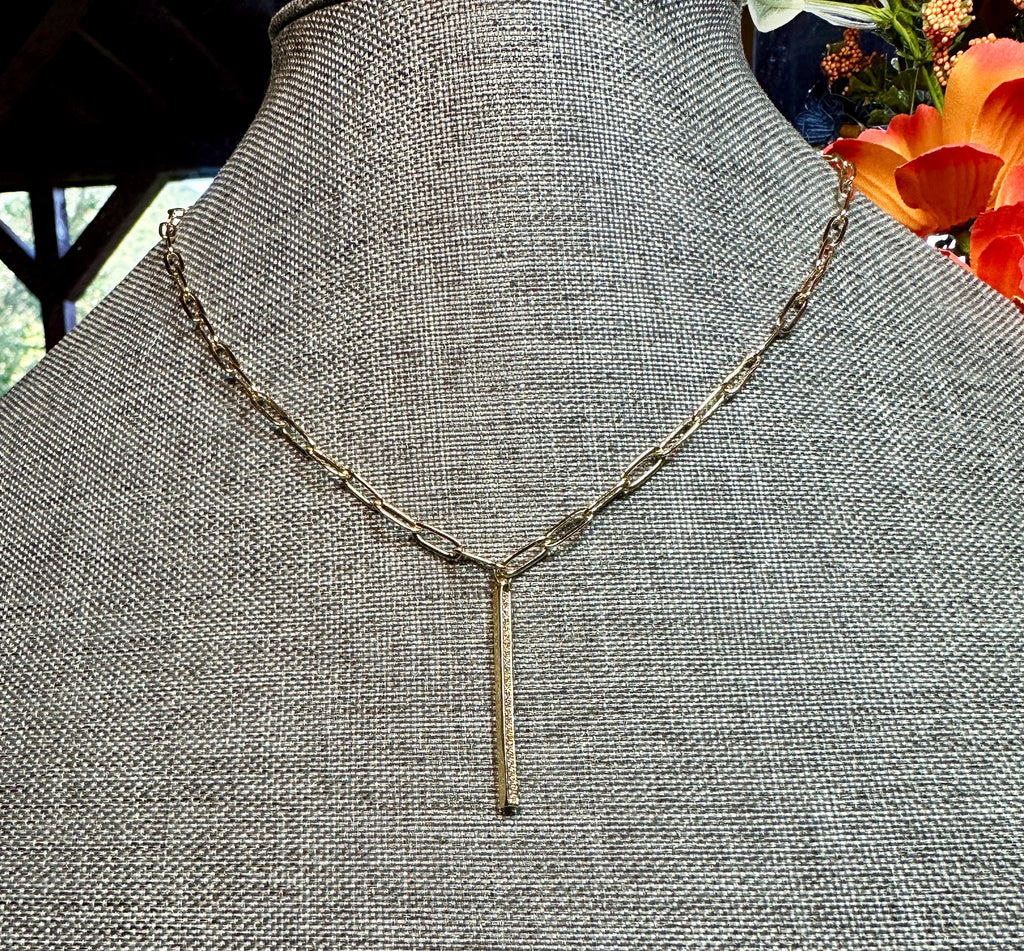 MossberryandStone Vertical CZ Gold Bar Pendant Necklace, Paperclip Chain, Lobster Clasp, 18in