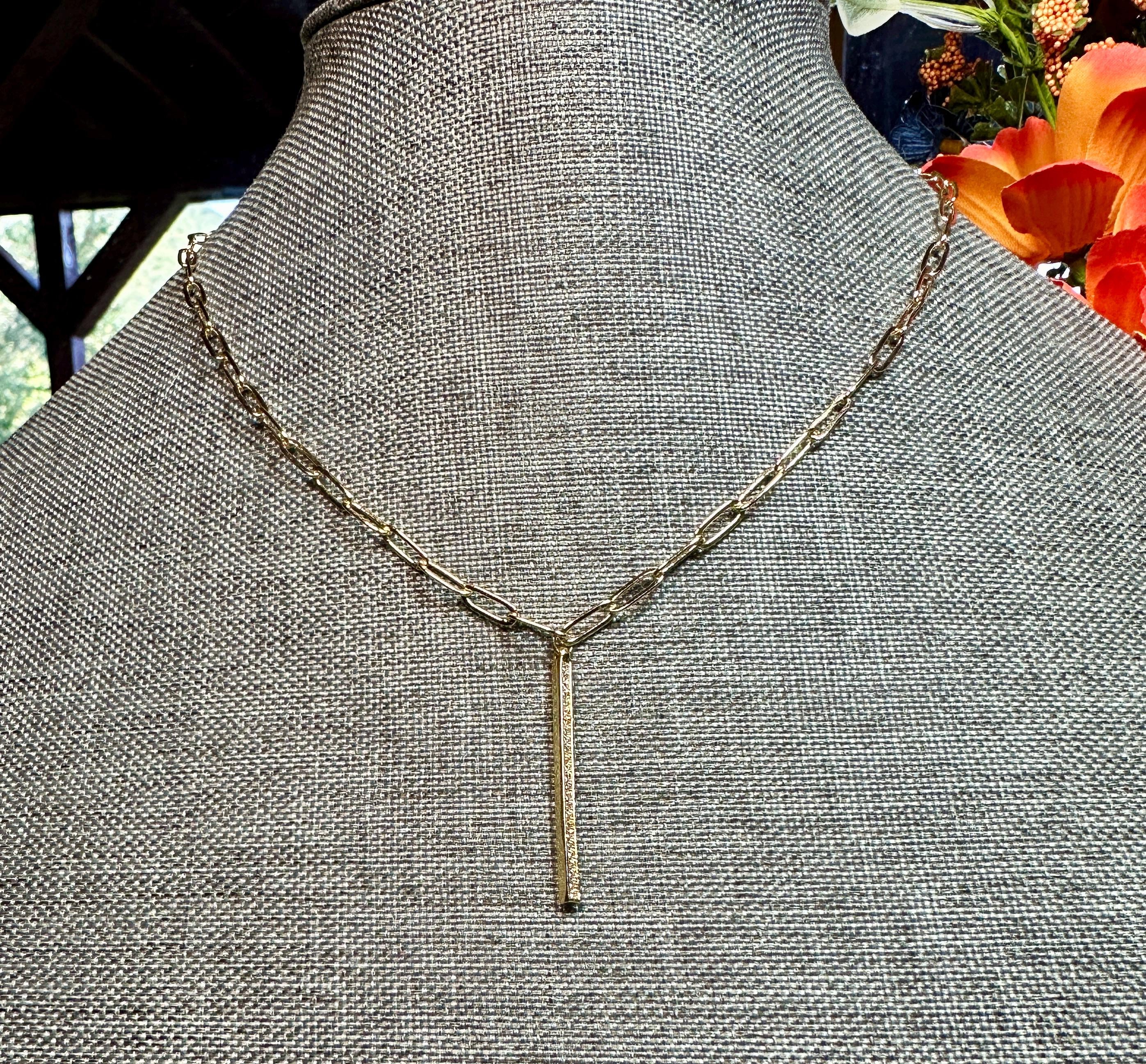 MossberryandStone Vertical CZ Gold Bar Pendant Necklace, Paperclip Chain, Lobster Clasp, 18in