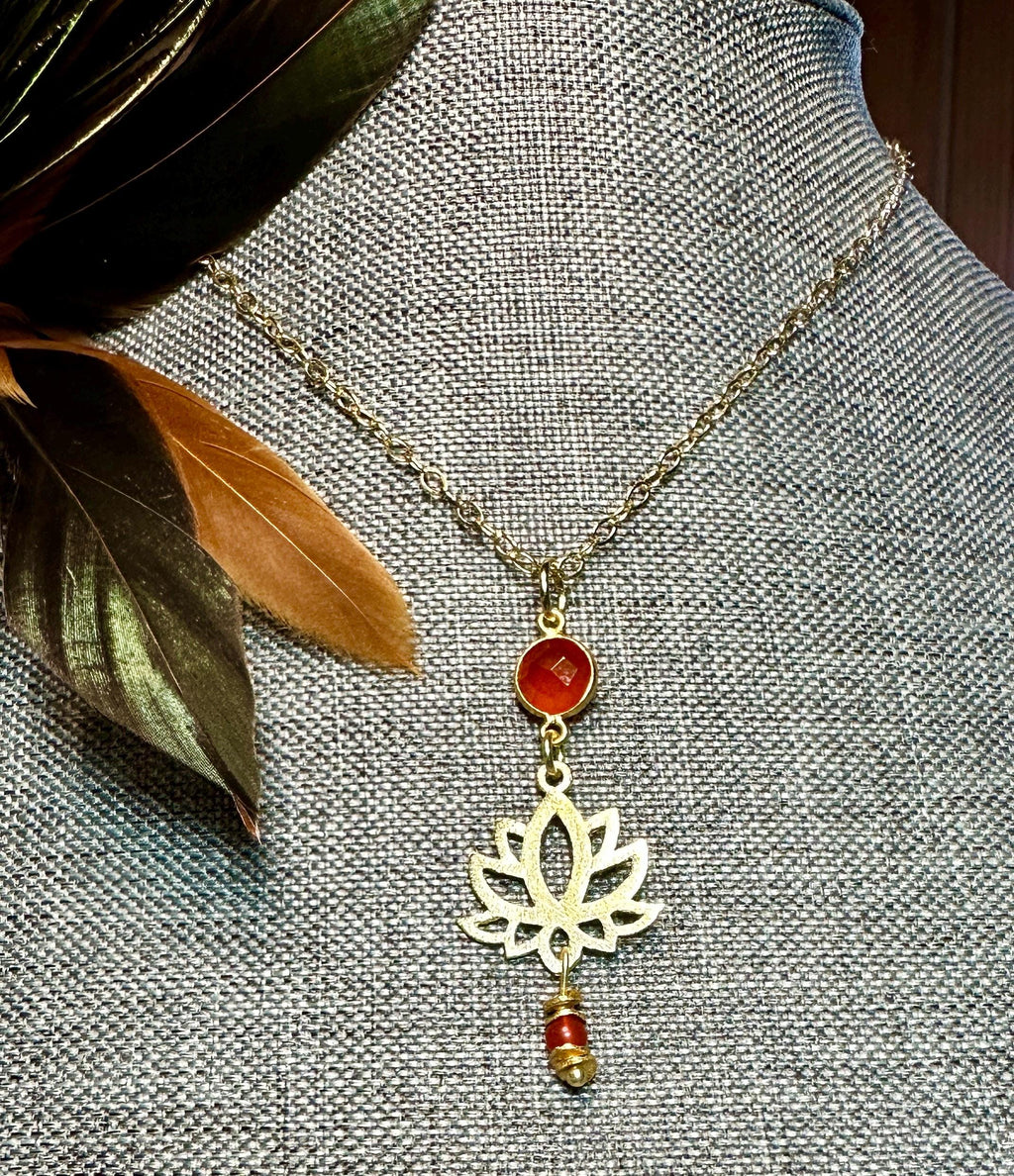 MossberryandStone Red Onyx Gold Tone Lotus Flower Pendant Necklace