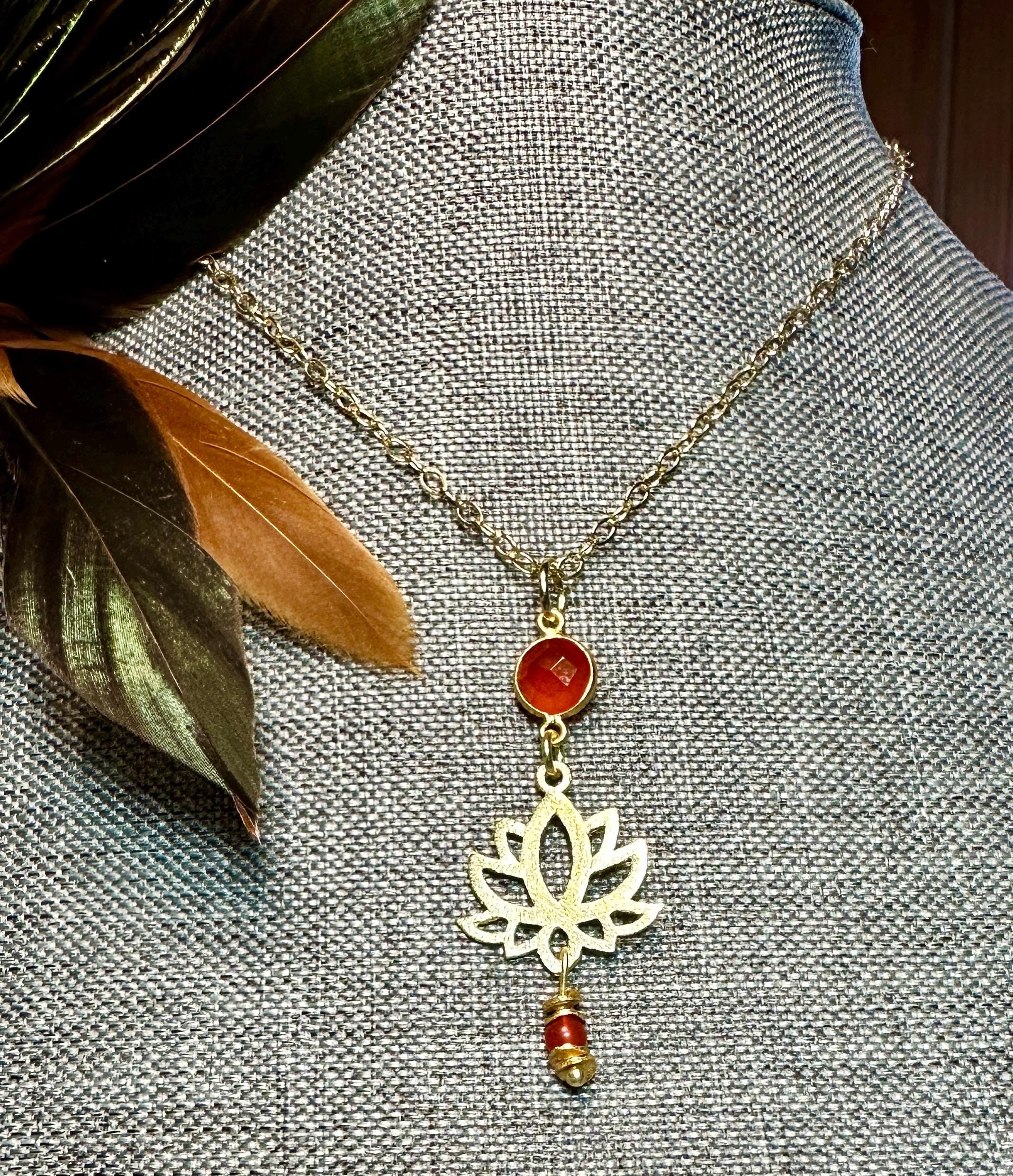 MossberryandStone Red Onyx Gold Tone Lotus Flower Pendant Necklace