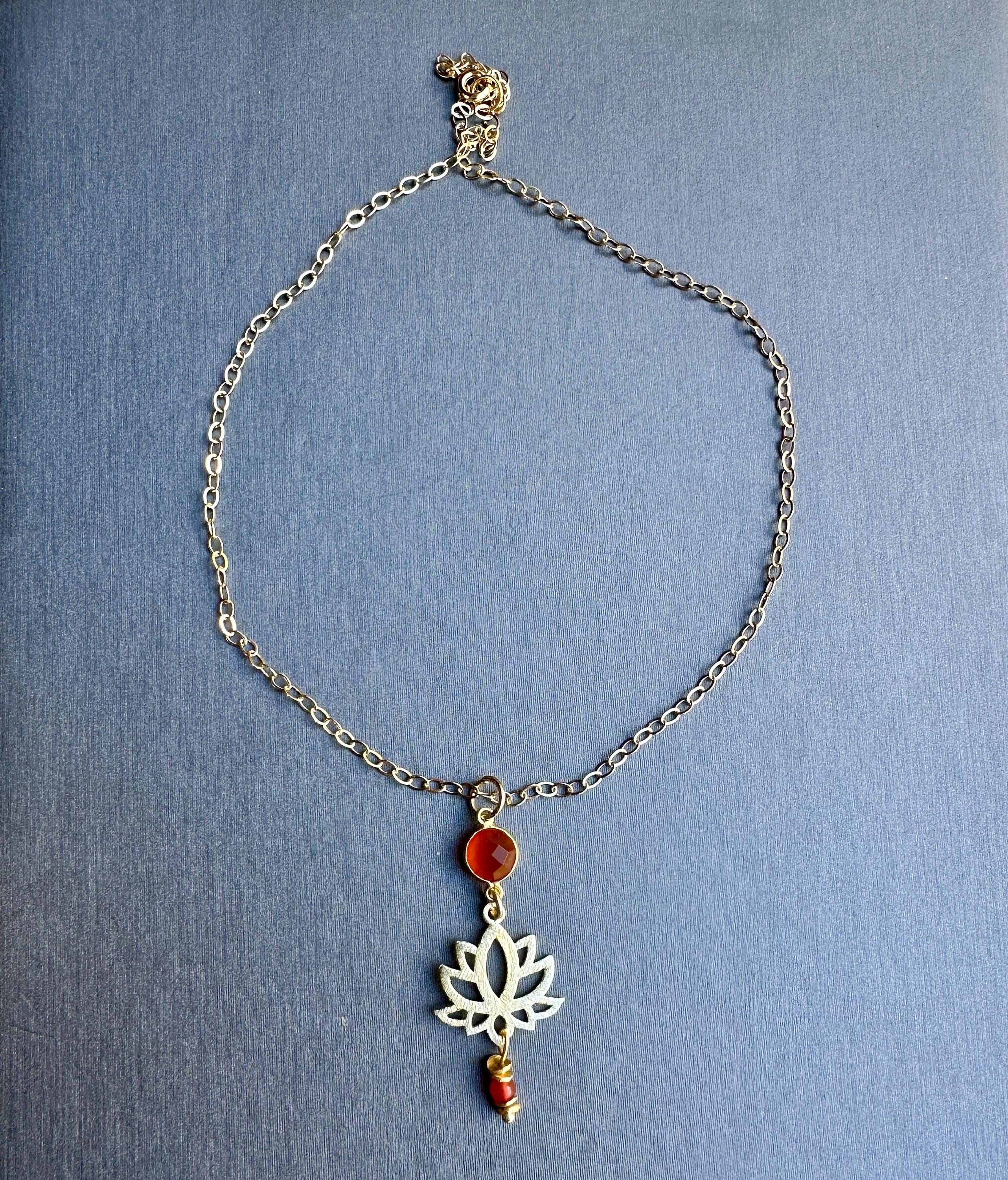 MossberryandStone Red Onyx Gold Tone Lotus Flower Pendant Necklace