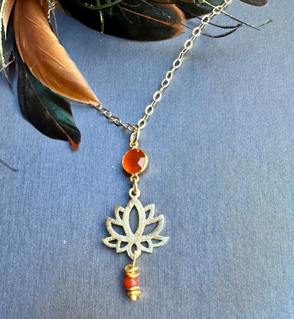 MossberryandStone Red Onyx Gold Tone Lotus Flower Pendant Necklace