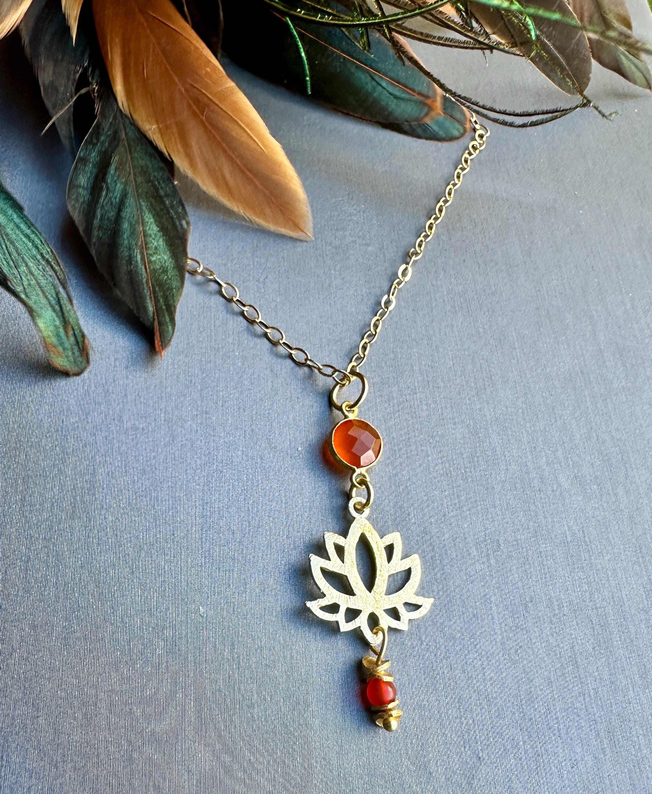 MossberryandStone Red Onyx Gold Tone Lotus Flower Pendant Necklace