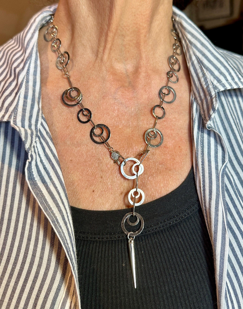 MossberryandStone Circles and Spike Silver Pendant Necklace 21in Adjustable