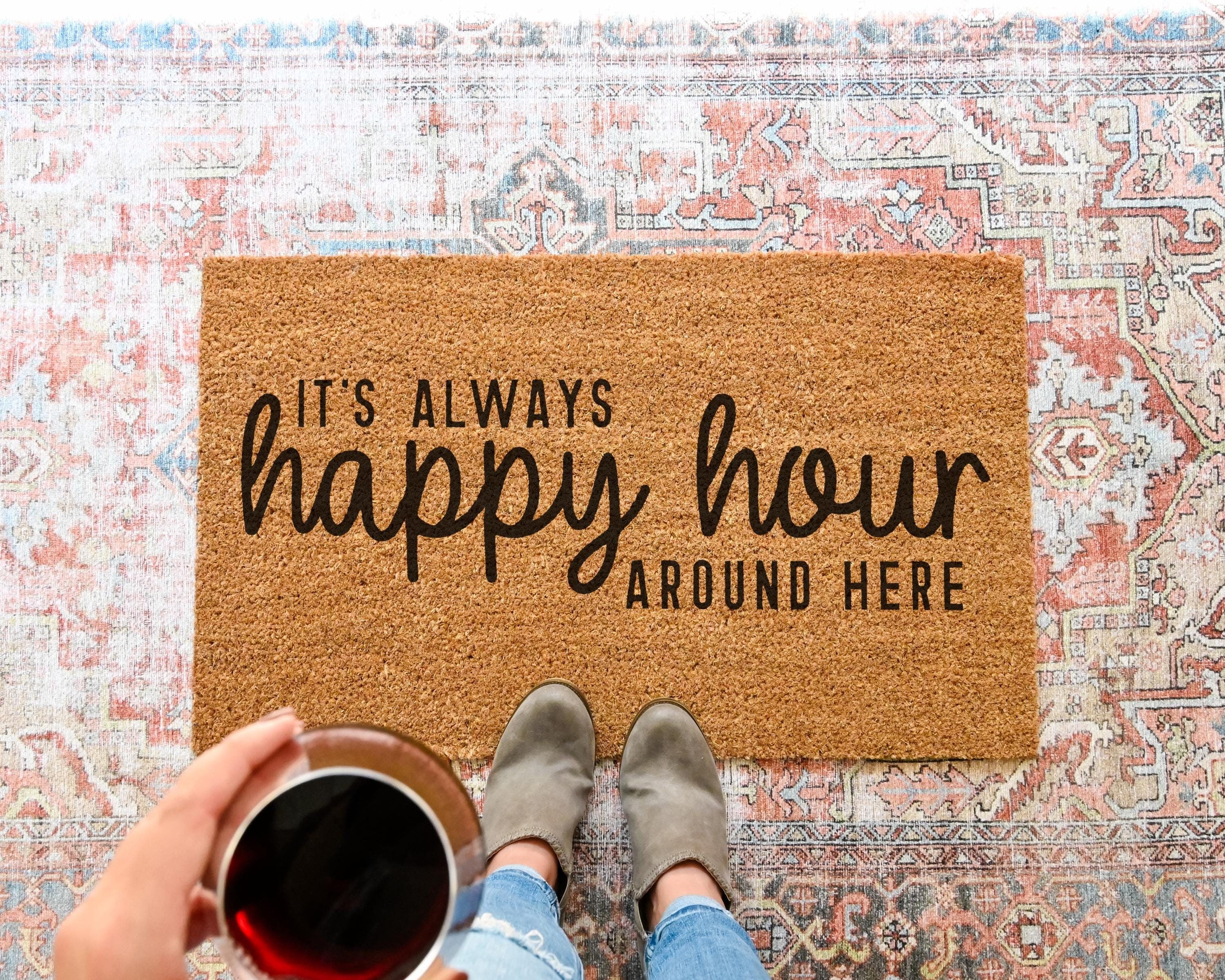 HamlinRowShop Always Happy Hour Coir Doormat with Slip-Resistant Backing