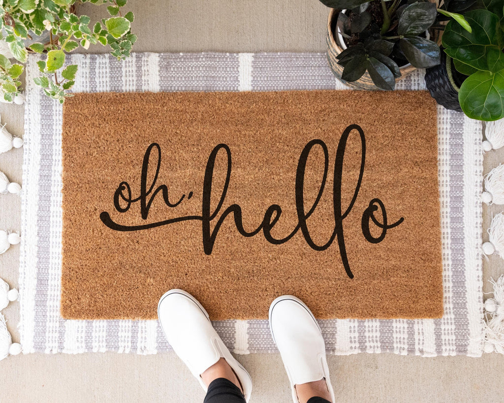 HamlinRowShop Oh Hello Coir Doormat Cursive Welcome Mat