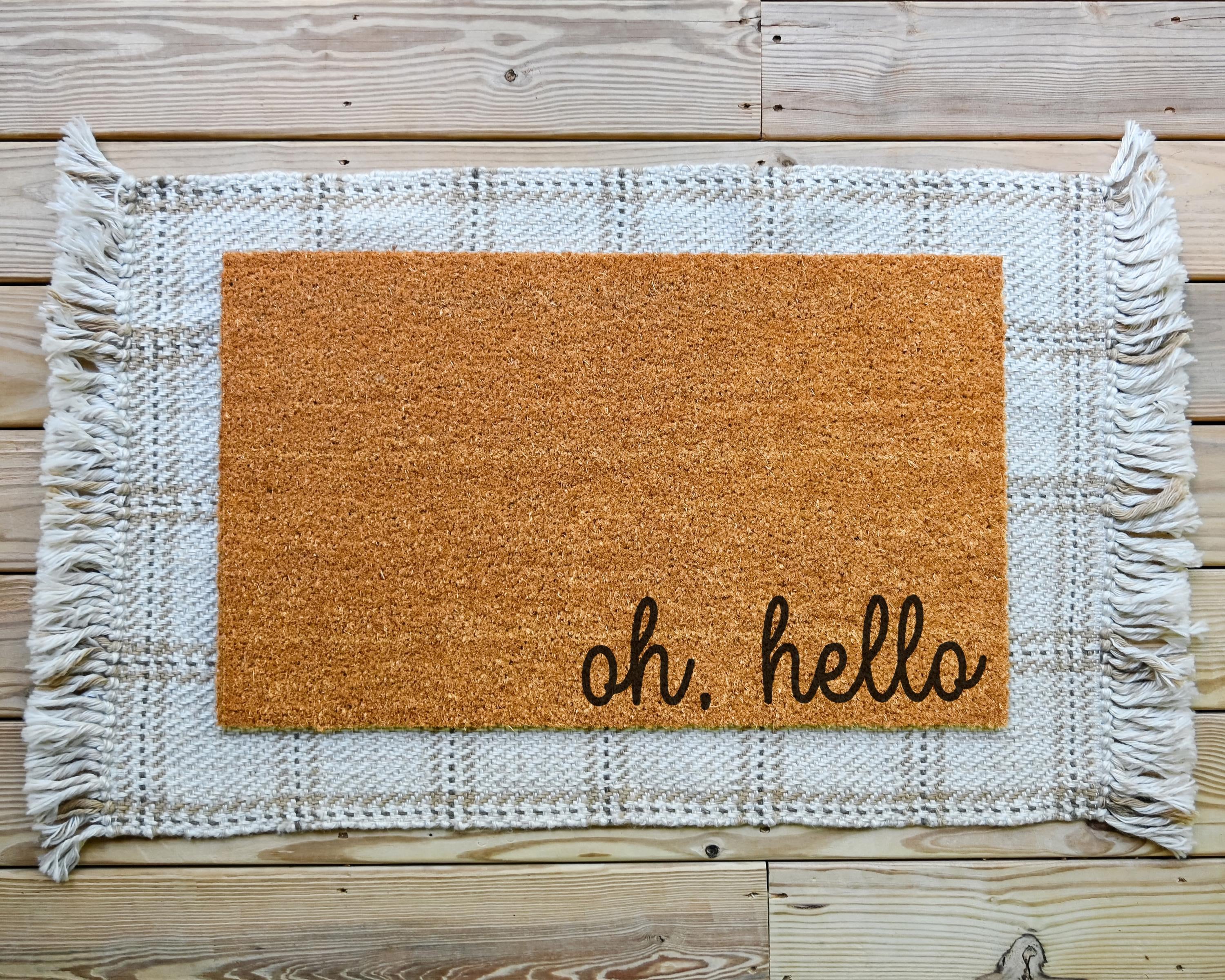 HamlinRowShop Oh Hello Coir Doormat Scrolling Cursive Welcome Mat