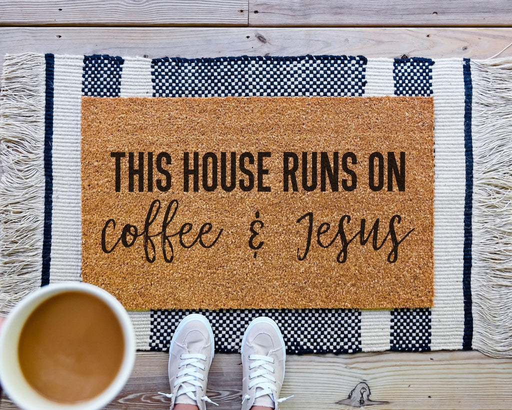 HamlinRowShop Coffee & Jesus Funny Customizable Coir Doormat