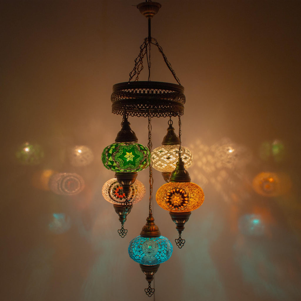 MoslandHome Handmade Turkish Mosaic 5-Globe Hanging Chandelier
