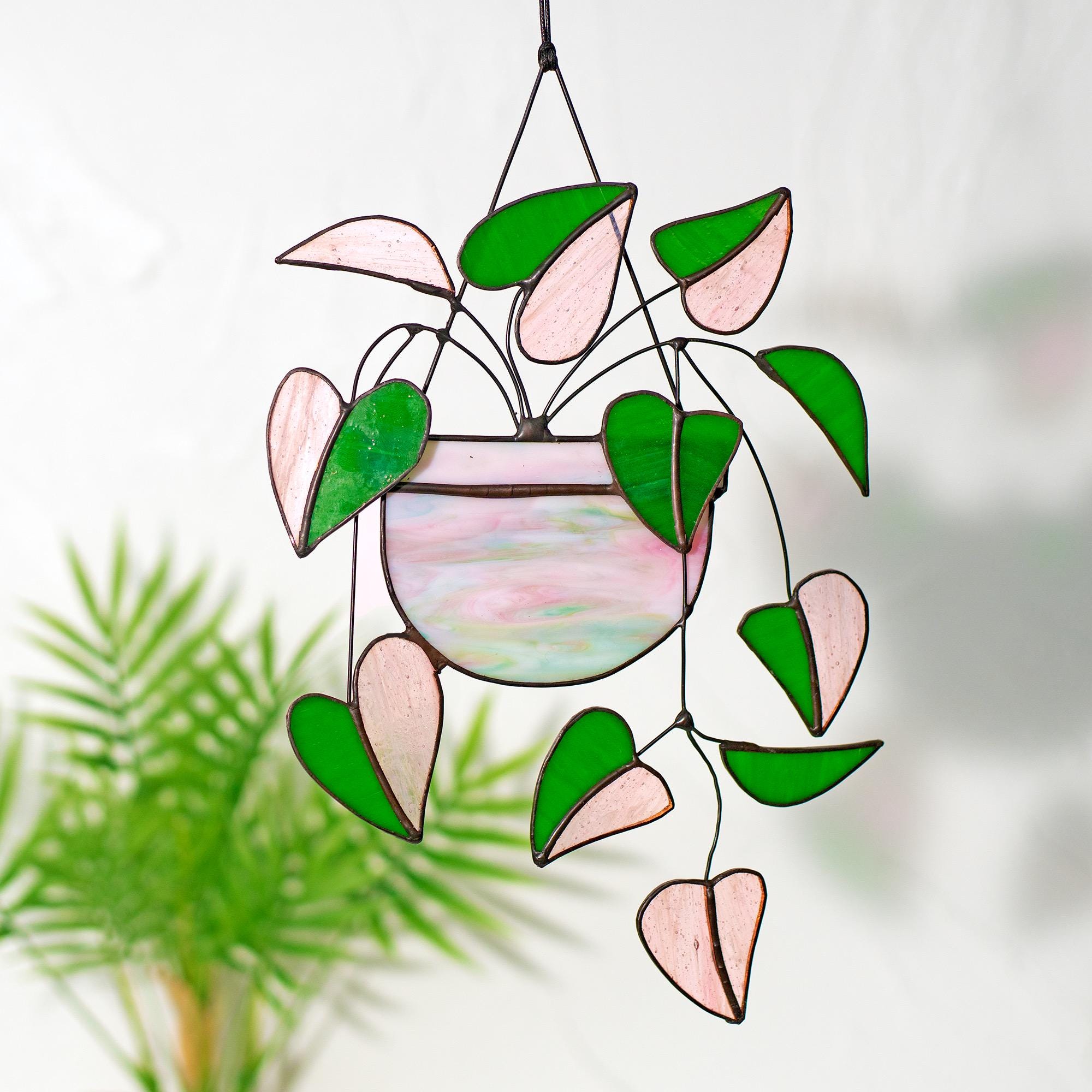 RainLine Heart Pink Philodendron Stained Glass Suncatcher 7in x 10in
