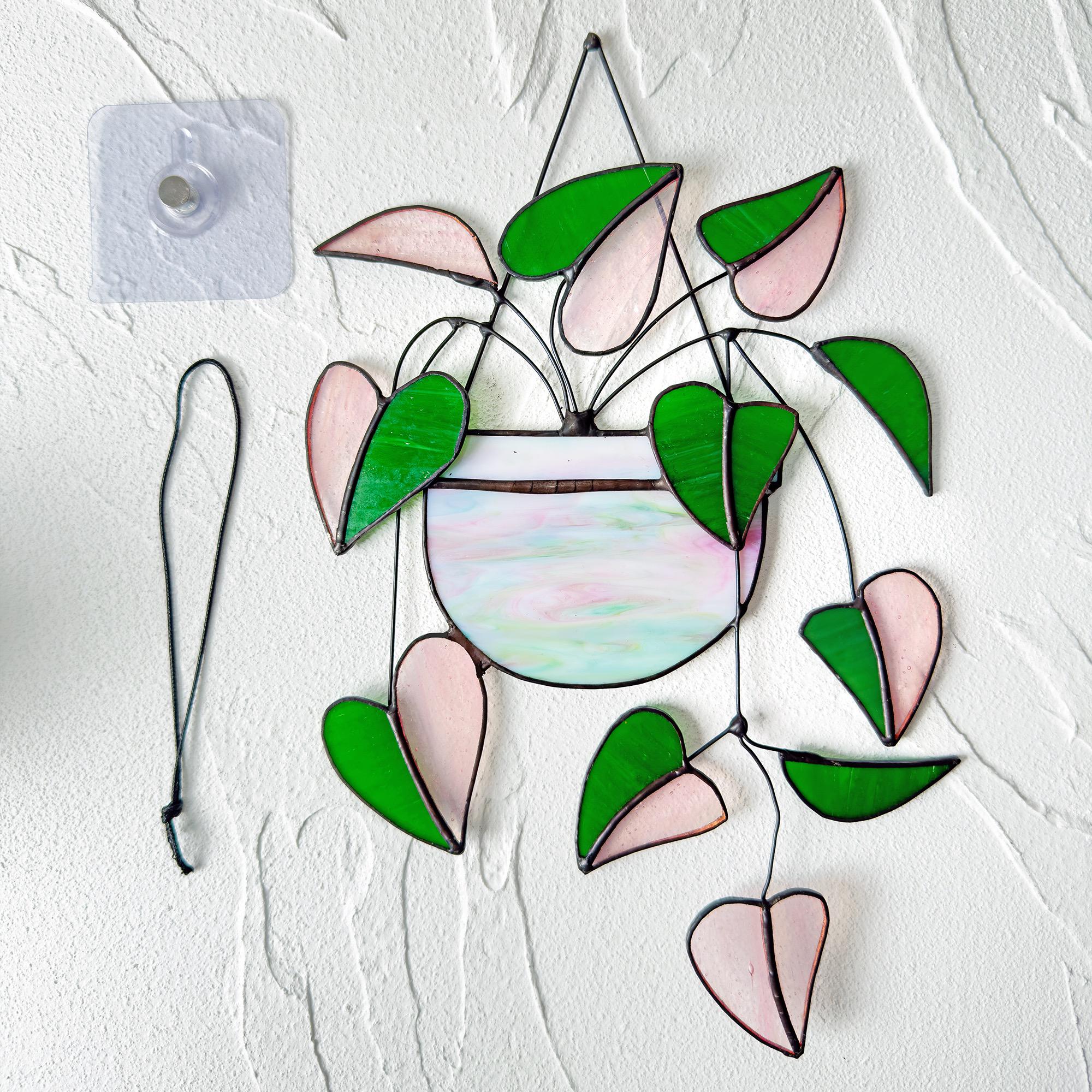 RainLine Heart Pink Philodendron Stained Glass Suncatcher 7in x 10in