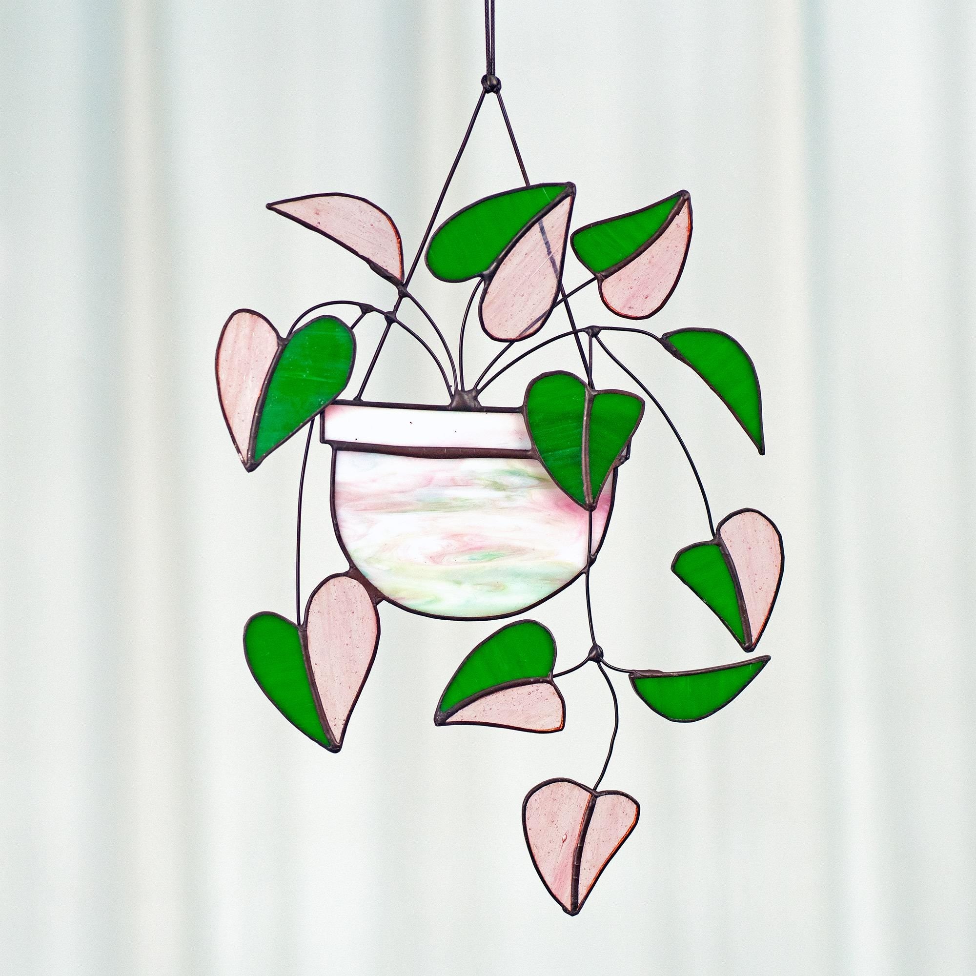 RainLine Heart Pink Philodendron Stained Glass Suncatcher 7in x 10in
