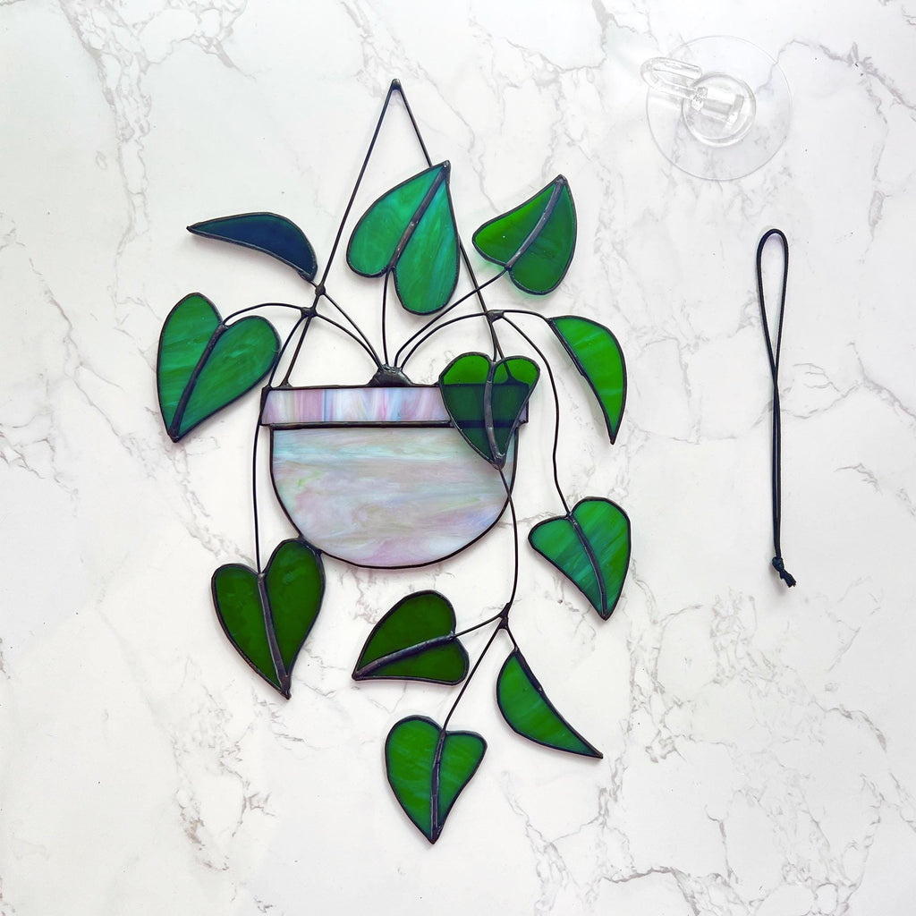 RainLine Heart Pink Philodendron Stained Glass Suncatcher 7in x 10in