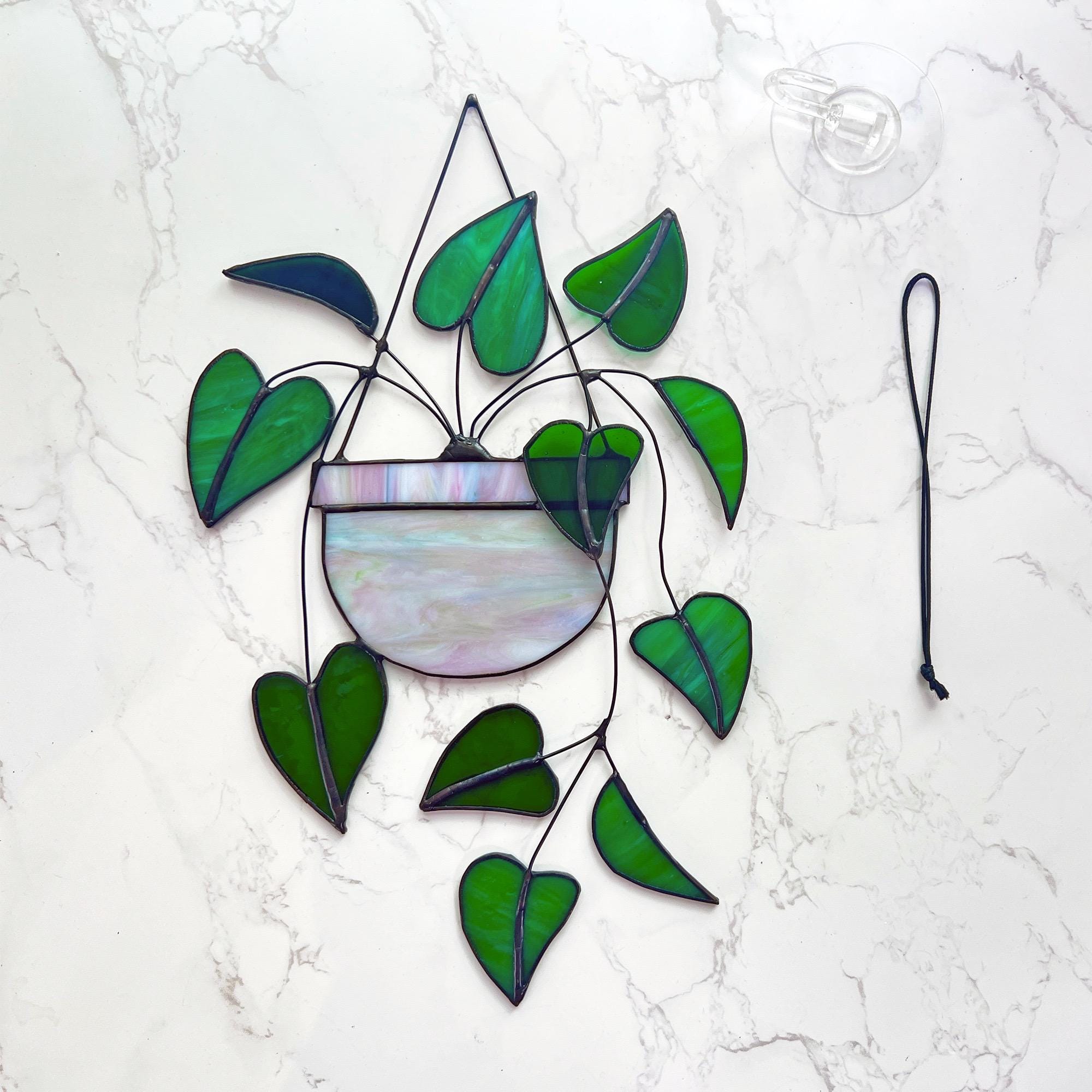 RainLine Heart Pink Philodendron Stained Glass Suncatcher 7in x 10in