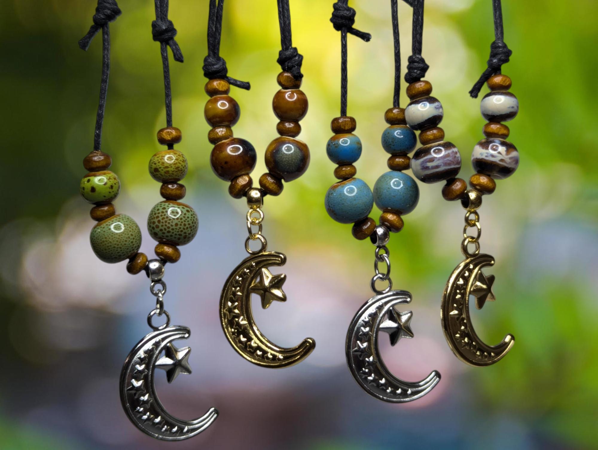 NoctemPottery Crescent Moon and Stars Ceramic Beaded Choker Necklace