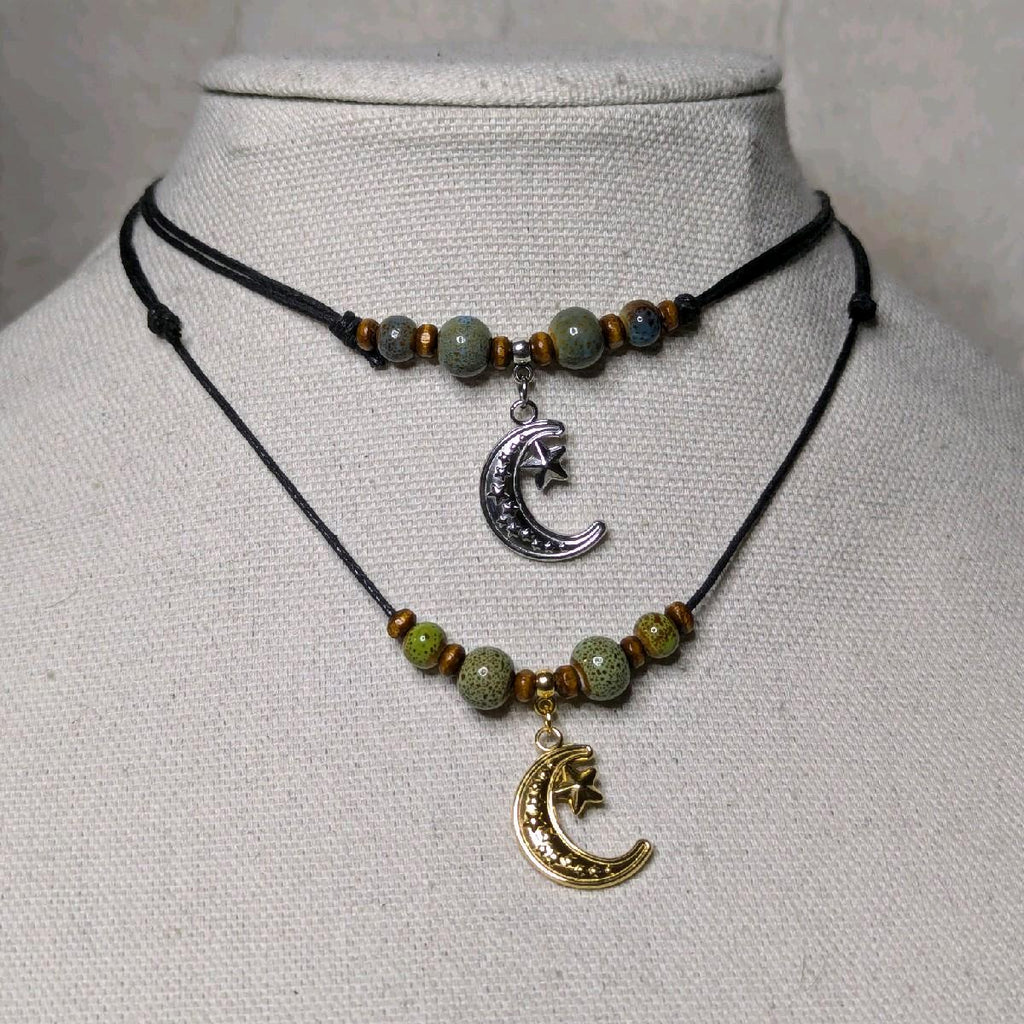 NoctemPottery Crescent Moon and Stars Ceramic Beaded Choker Necklace