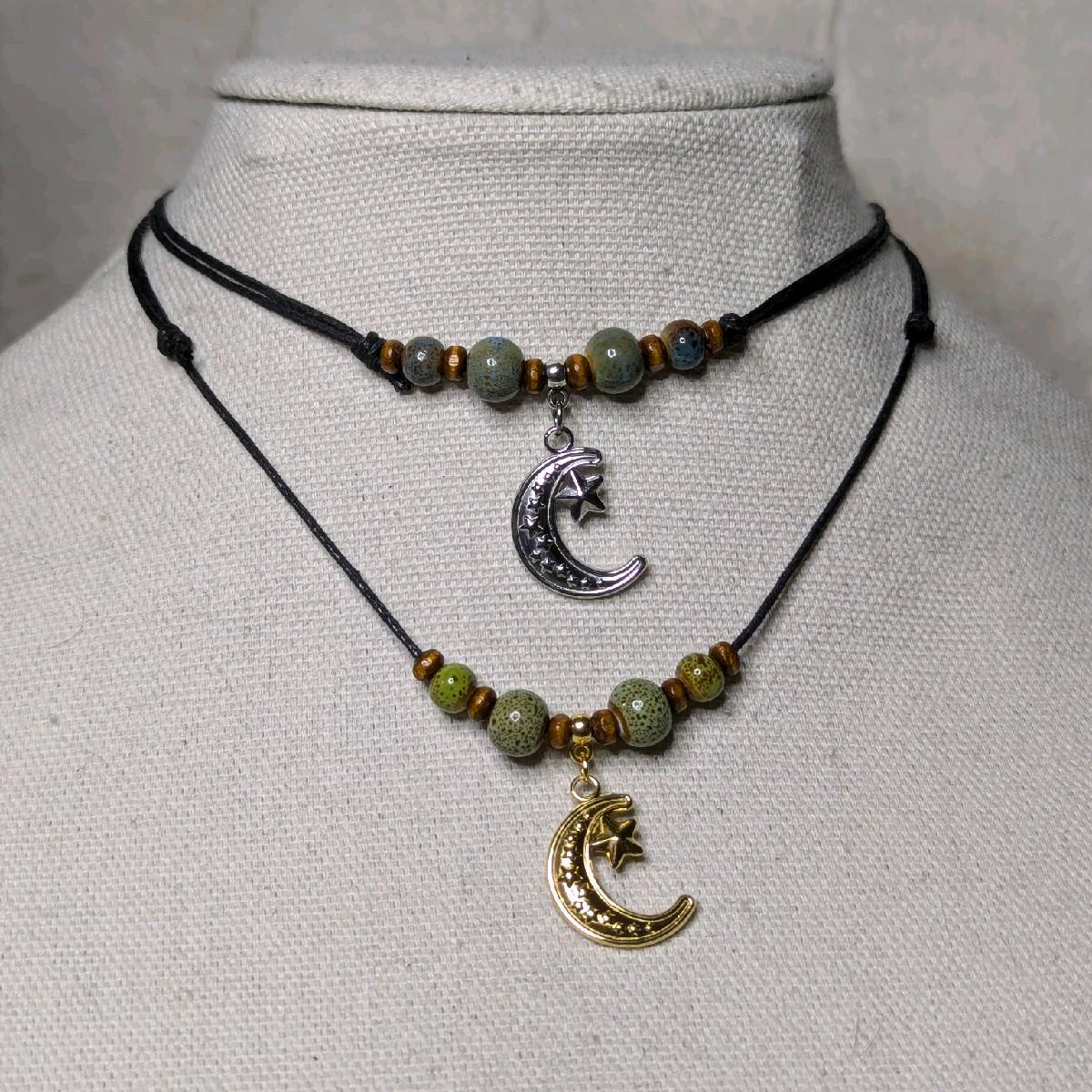 NoctemPottery Crescent Moon and Stars Ceramic Beaded Choker Necklace