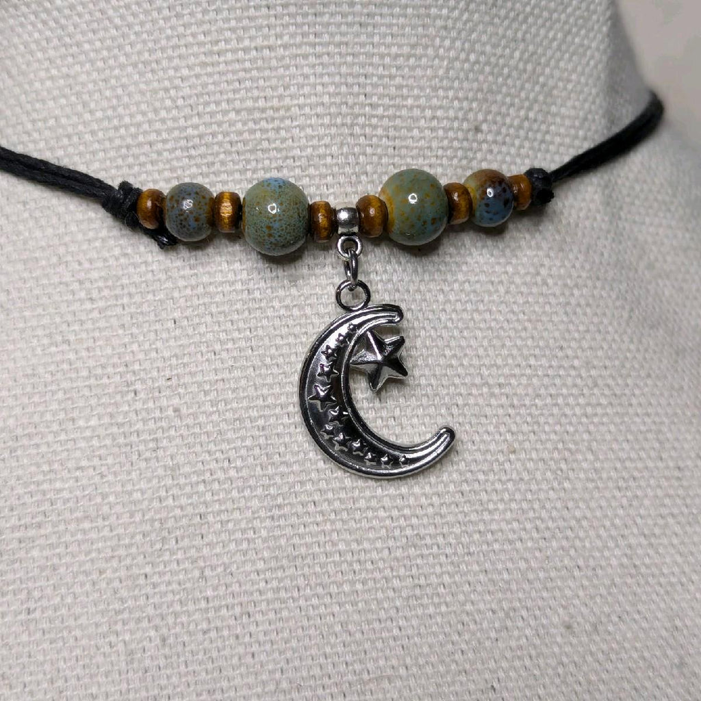 NoctemPottery Crescent Moon and Stars Ceramic Beaded Choker Necklace