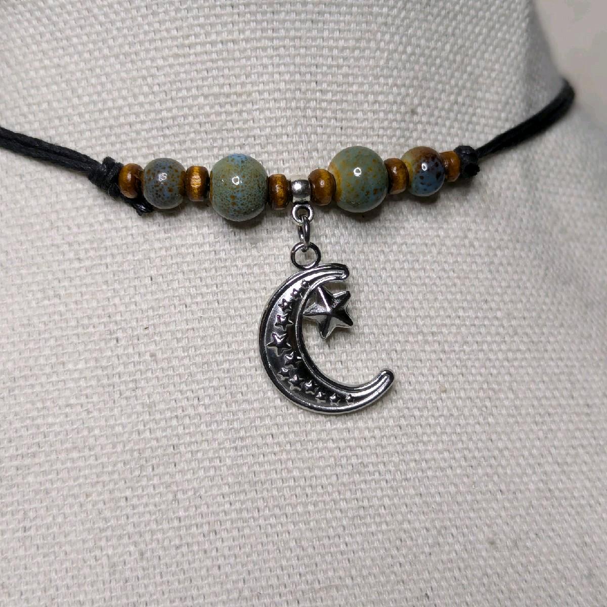 NoctemPottery Crescent Moon and Stars Ceramic Beaded Choker Necklace