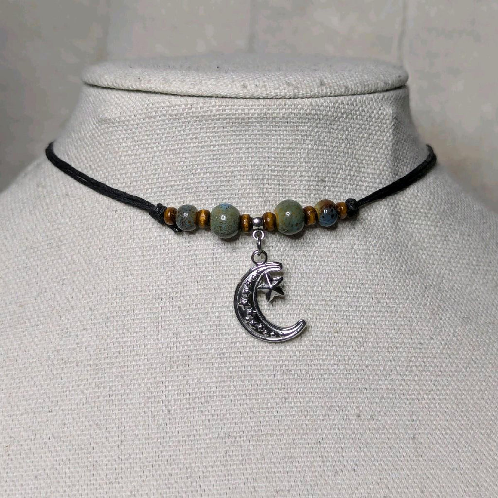 NoctemPottery Crescent Moon and Stars Ceramic Beaded Choker Necklace