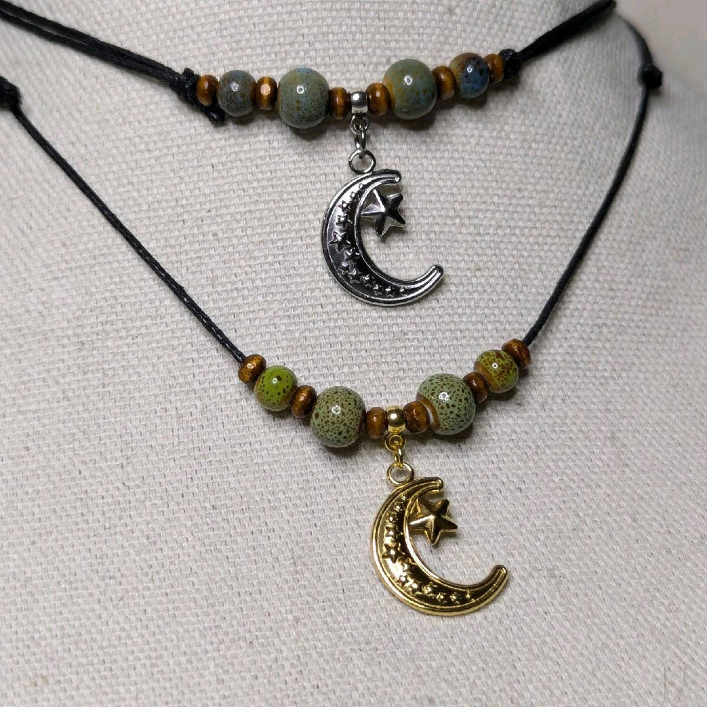 NoctemPottery Crescent Moon and Stars Ceramic Beaded Choker Necklace