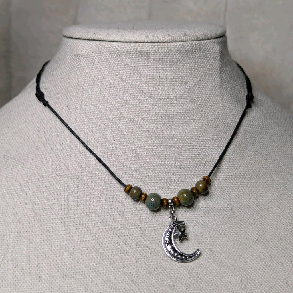 NoctemPottery Crescent Moon and Stars Ceramic Beaded Choker Necklace