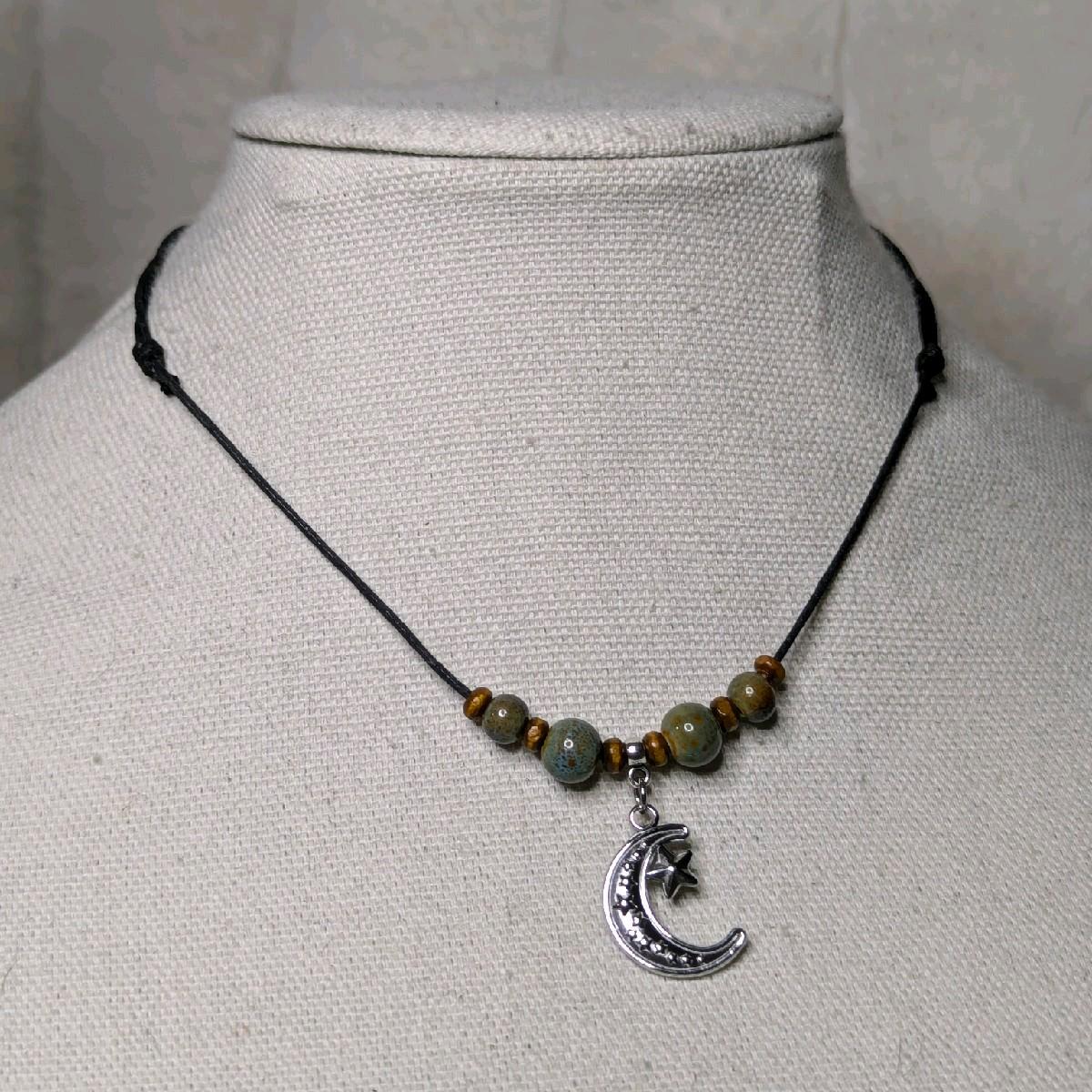 NoctemPottery Crescent Moon and Stars Ceramic Beaded Choker Necklace