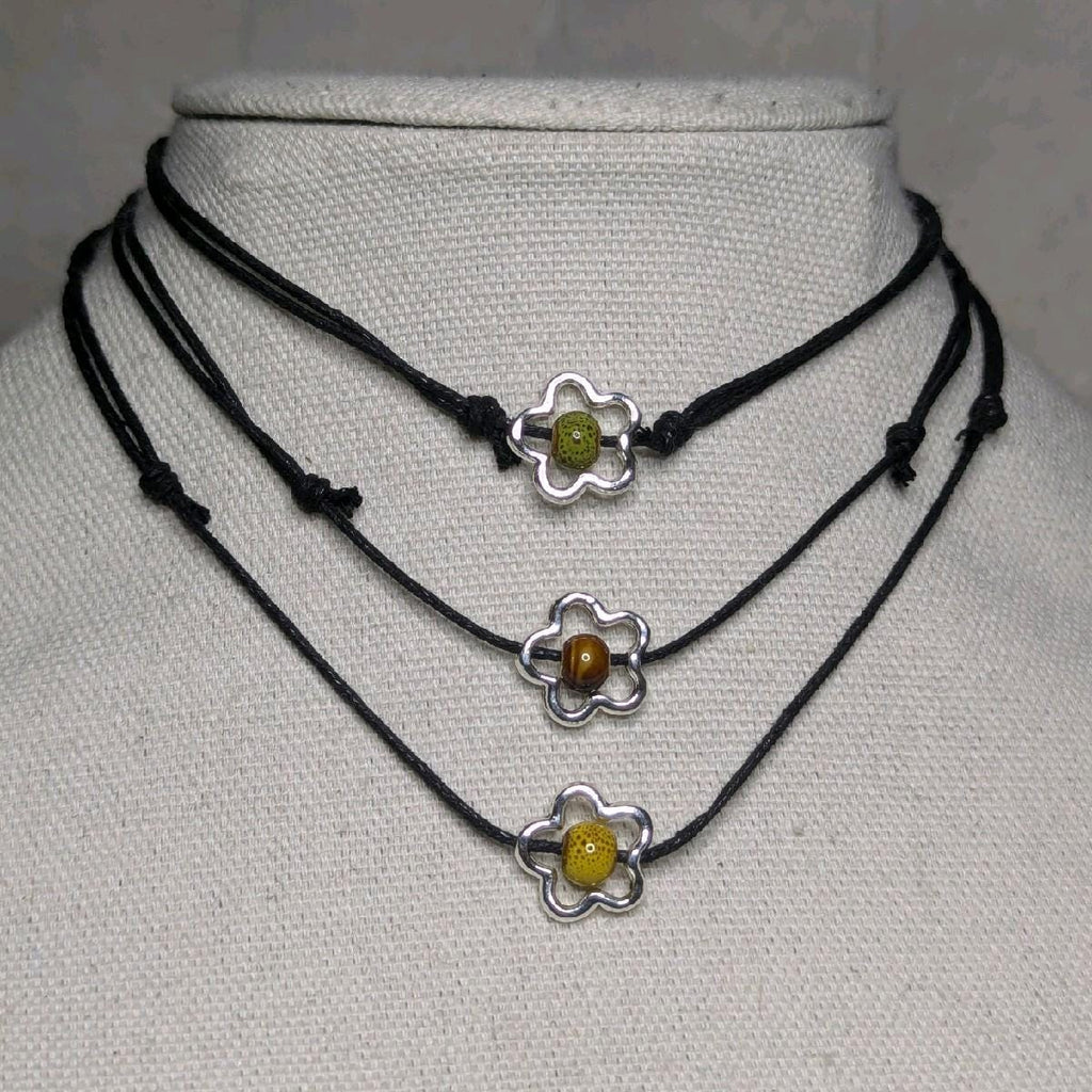 NoctemPottery Ceramic Bead Flower Charm Pendant Necklace Adjustable Black Cord