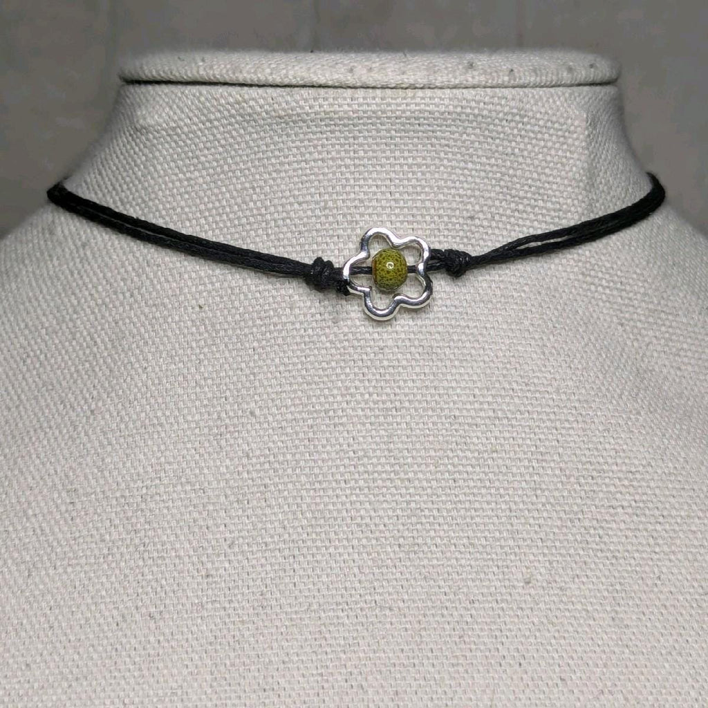 NoctemPottery Ceramic Bead Flower Charm Pendant Necklace Adjustable Black Cord