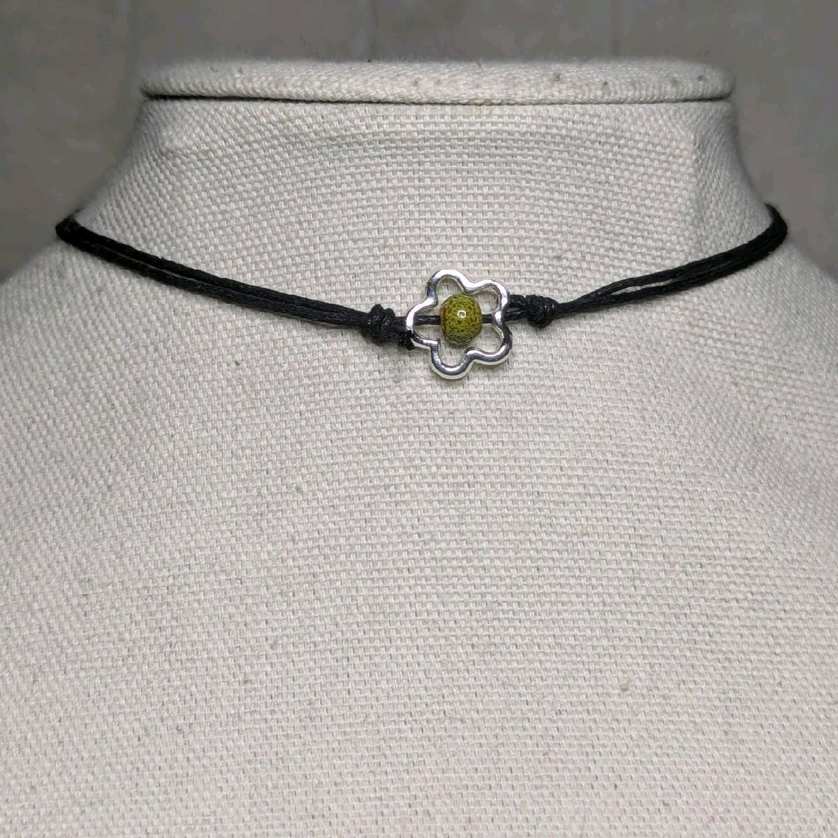 NoctemPottery Ceramic Bead Flower Charm Pendant Necklace Adjustable Black Cord