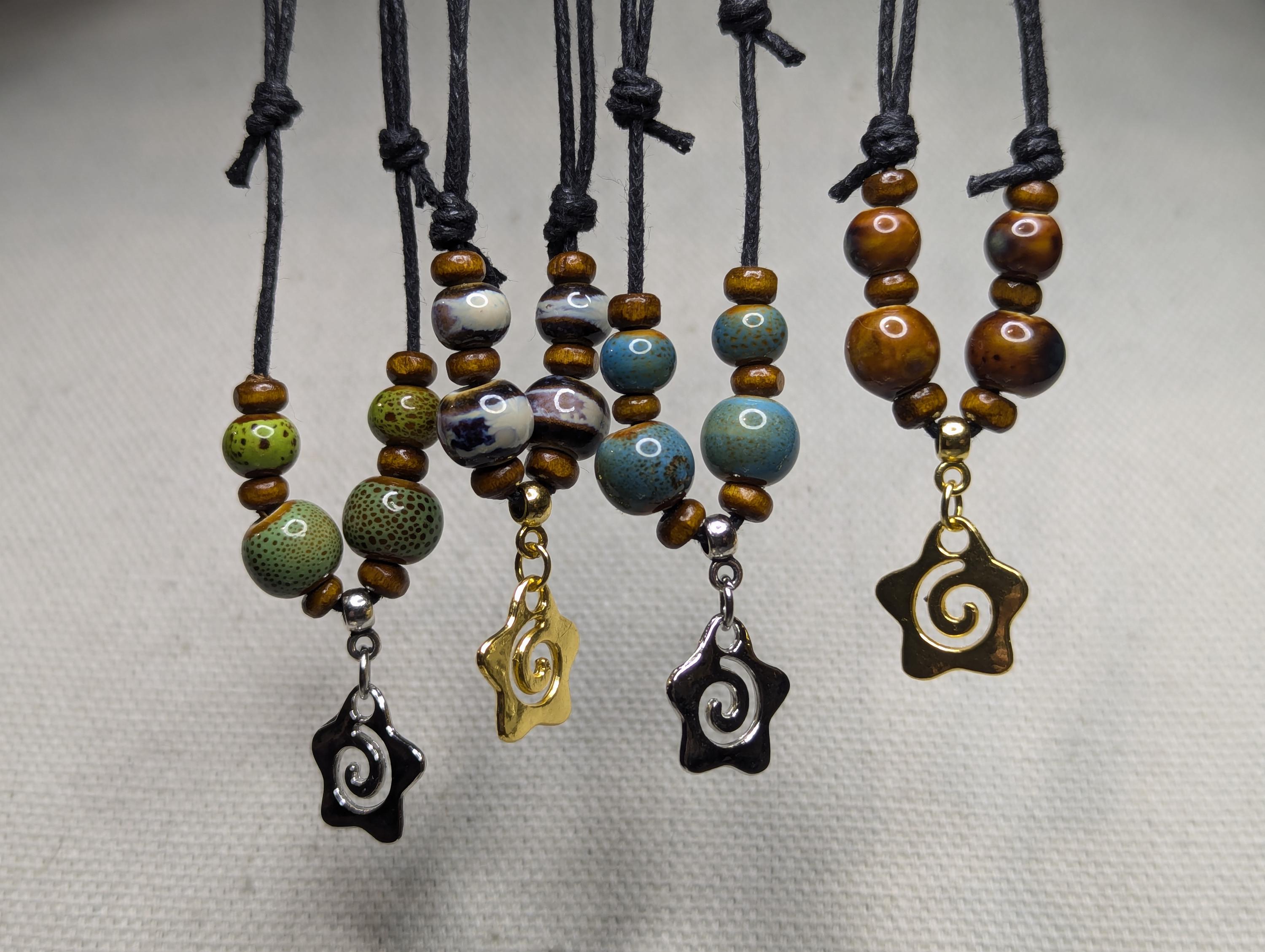 NoctemPottery Spiral Star Charm Ceramic Beaded Pendant Necklace Adjustable Cord