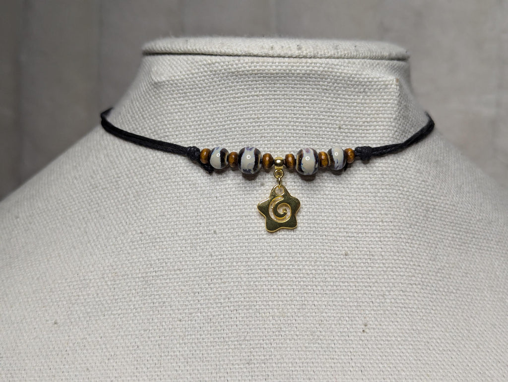 NoctemPottery Spiral Star Charm Ceramic Beaded Pendant Necklace Adjustable Cord