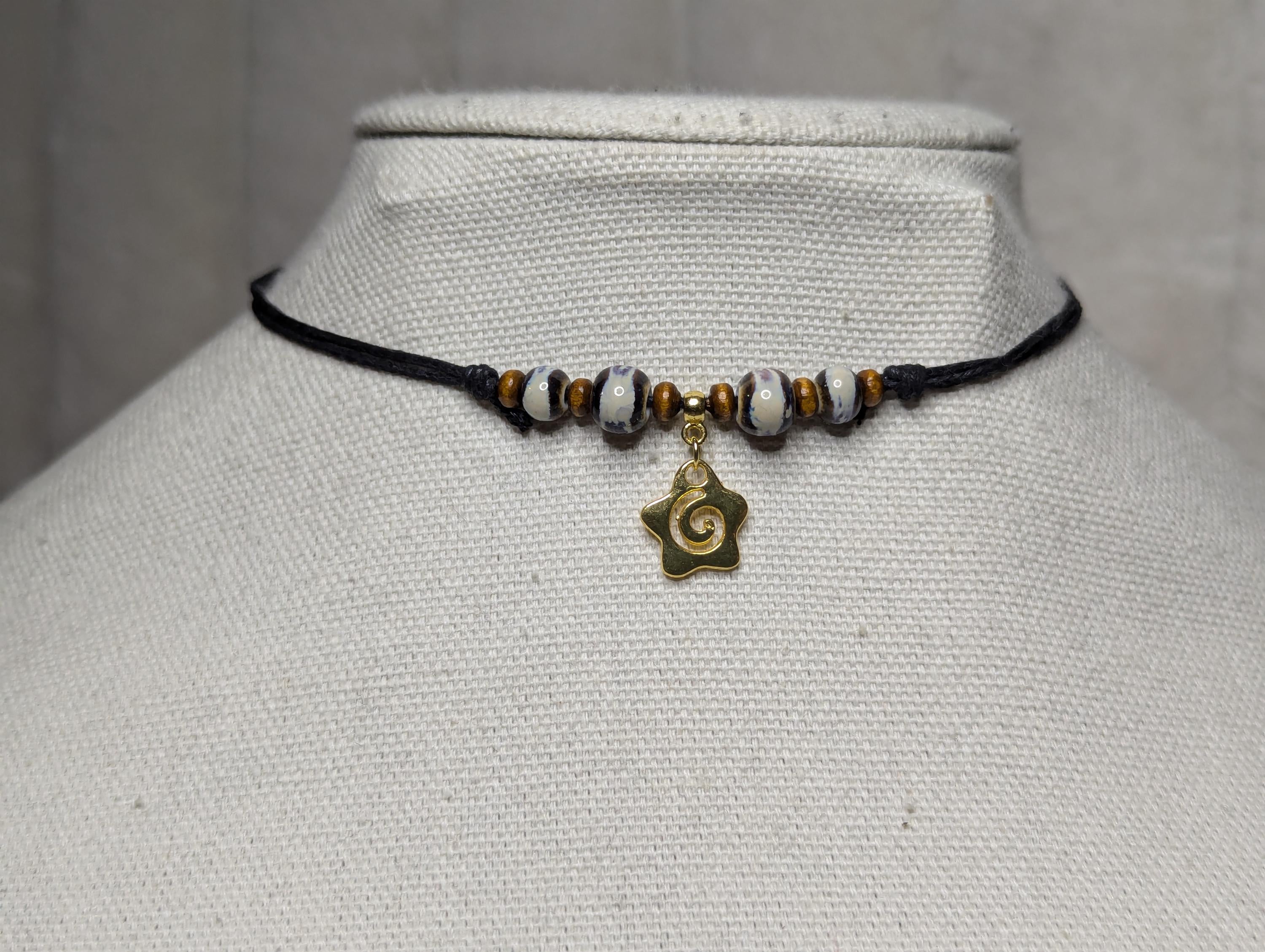 NoctemPottery Spiral Star Charm Ceramic Beaded Pendant Necklace Adjustable Cord