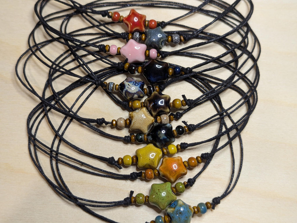 NoctemPottery Ceramic Star Bead Pendant Necklace Adjustable Black Cord Choker