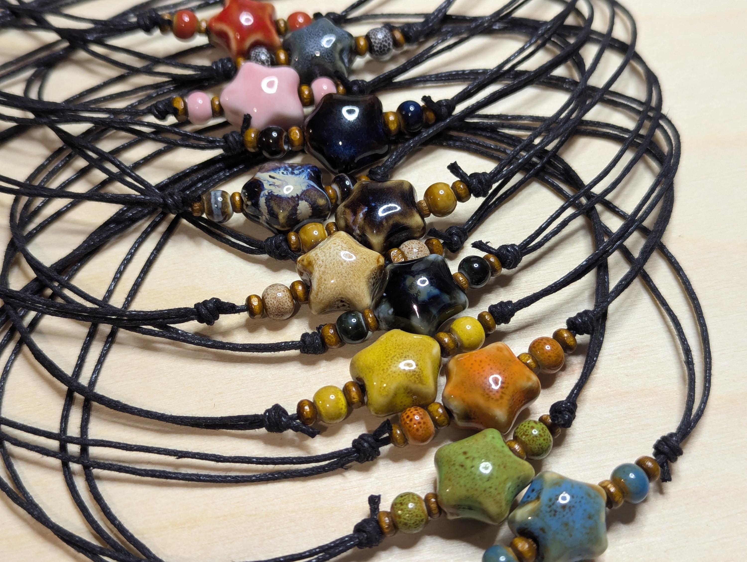 NoctemPottery Ceramic Star Bead Pendant Necklace Adjustable Black Cord Choker