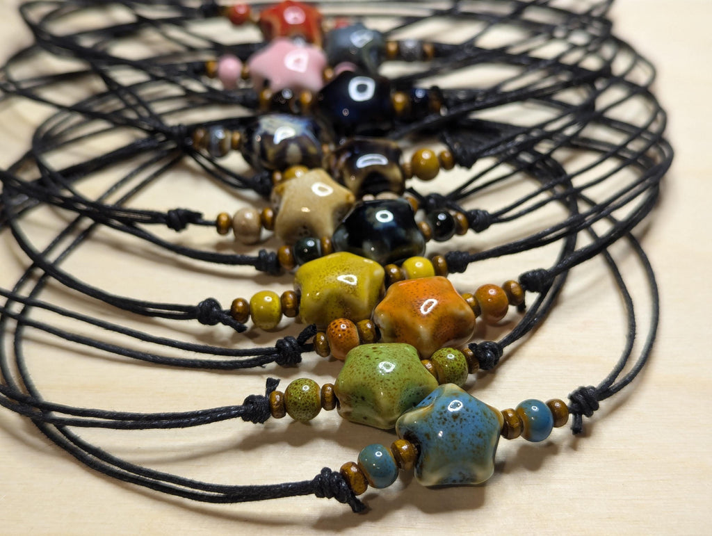 NoctemPottery Ceramic Star Bead Pendant Necklace Adjustable Black Cord Choker