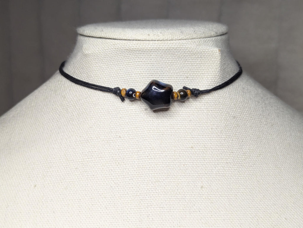 NoctemPottery Ceramic Star Bead Pendant Necklace Adjustable Black Cord Choker