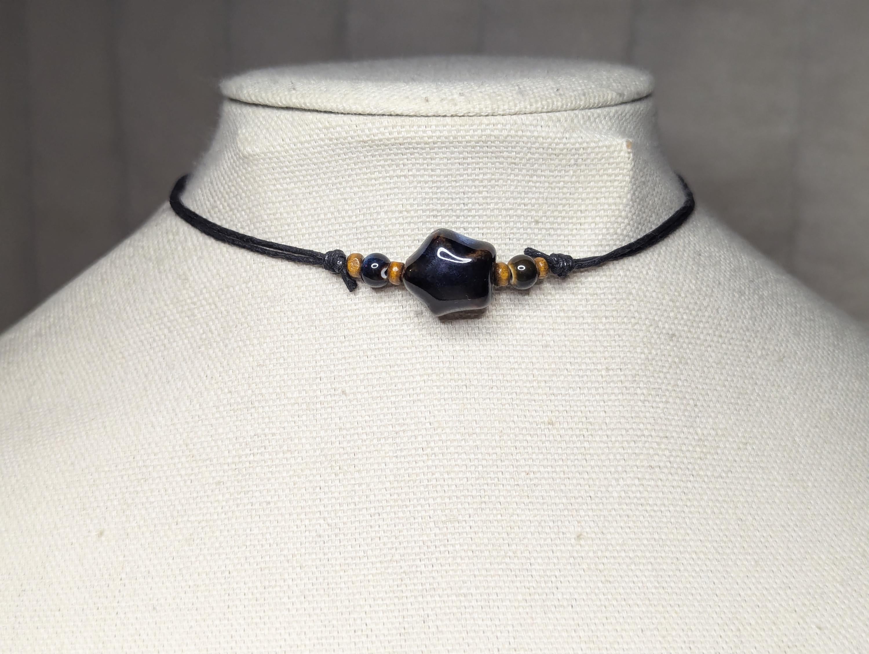 NoctemPottery Ceramic Star Bead Pendant Necklace Adjustable Black Cord Choker