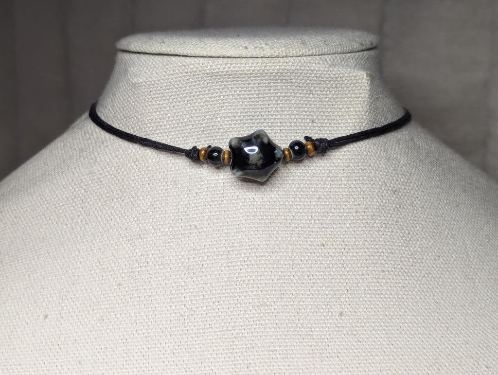 NoctemPottery Ceramic Star Bead Pendant Necklace Adjustable Black Cord Choker