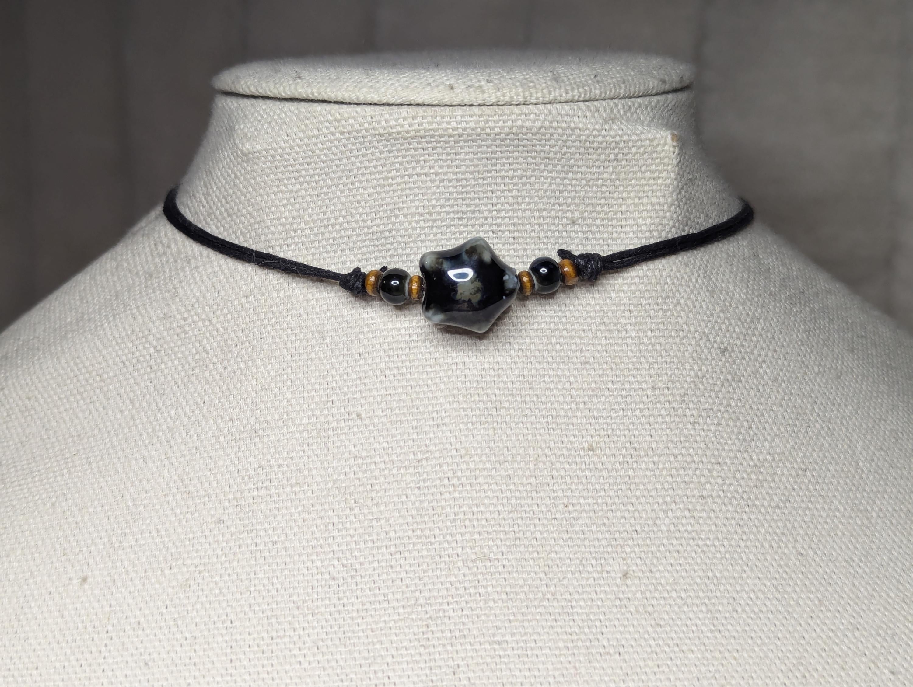 NoctemPottery Ceramic Star Bead Pendant Necklace Adjustable Black Cord Choker
